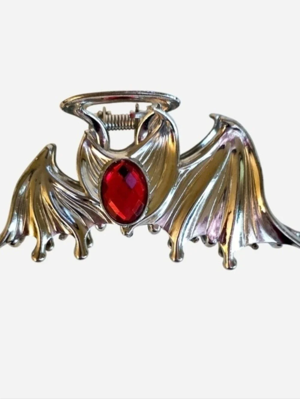 Cosmic Aura Silver Bat Wing Red Gemstones Claw Hair Clip
